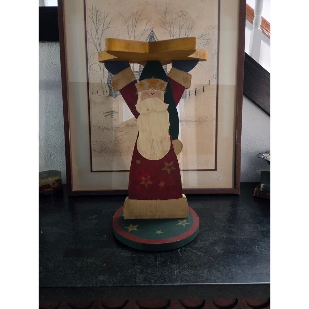 Vintage 1990s Wooden Santa Table Pedestal Stand 17.5" Folk Art Christmas Decor